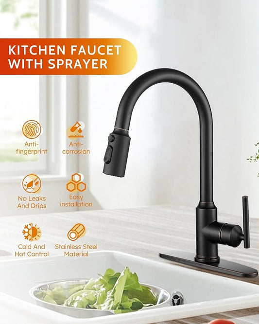 WOWOW Kitchen Faucets with Pull Down Sprayer, Oiled Rubbed Bronze Kitchen Faucet with Sprayer, 304 Stainless Steel High Arc Single Handle Pull Down Kitchen Faucet for Kitchen Sink Faucet