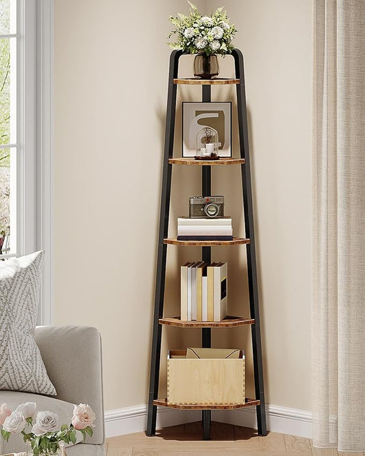 CHOEZON Corner Shelf, 5-Tier Ladder Corner Shelf, Ladder Bookshelf, 59.6" Tall Vertical Display Stand, Metal Frame Bookshelf, for Living Room, Bedroom, Kitchen, Rustic Brown and Black TCJ20BF