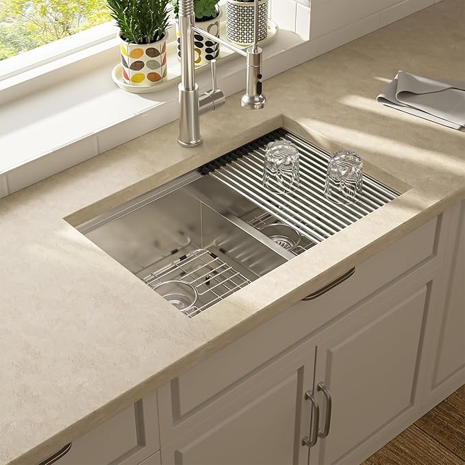 Lordear 28 Inch Undermount Kitchen Sink Double Bowl Stainless Steel 16 Gauge Undermount Workstation 60/40 Sink with Smart Low Divider 28x19 Inch Double Basin Under Counter Kitchen Sinks