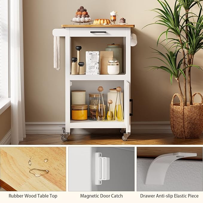 Qsun Kitchen Cart with Drawer, Small Kitchen Island on Wheels, Microwave Cart, Small Home Coffee Bar, Microwave Stand, Rolling Kitchen Island Cart with Side Hook, White