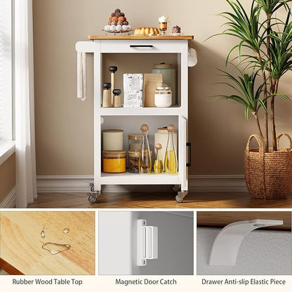 Qsun Kitchen Cart with Drawer, Small Kitchen Island on Wheels, Microwave Cart, Small Home Coffee Bar, Microwave Stand, Rolling Kitchen Island Cart with Side Hook, White
