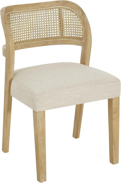 Christopher Knight Home Selwyn Dining Chairs Set of 2, Modern Dining Chair with Fabric Upholstery and Curved Back, Rubberwood Frame Kitchen Chairs with Cane Webbing, Accent Chairs, Beige+Natural