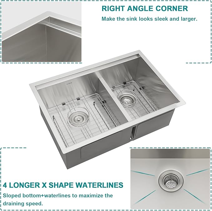 Lordear 28 Inch Undermount Kitchen Sink Double Bowl Stainless Steel 16 Gauge Undermount Workstation 60/40 Sink with Smart Low Divider 28x19 Inch Double Basin Under Counter Kitchen Sinks