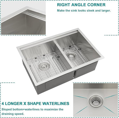Lordear 28 Inch Undermount Kitchen Sink Double Bowl Stainless Steel 16 Gauge Undermount Workstation 60/40 Sink with Smart Low Divider 28x19 Inch Double Basin Under Counter Kitchen Sinks