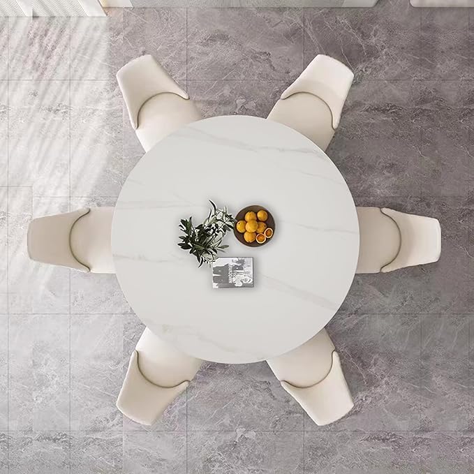 White Sintered Stone Round Dining Table 53 Inch, Durable Scratch Resistant Kitchen Table Seats 4-6, Contemporary Metal & Wood Leg Design, Easy Care Stain Free Circle Dining Table Set
