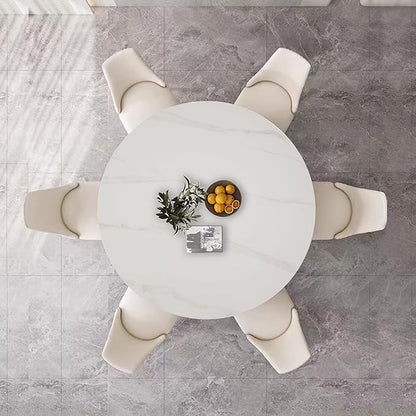 White Sintered Stone Round Dining Table 53 Inch, Durable Scratch Resistant Kitchen Table Seats 4-6, Contemporary Metal & Wood Leg Design, Easy Care Stain Free Circle Dining Table Set