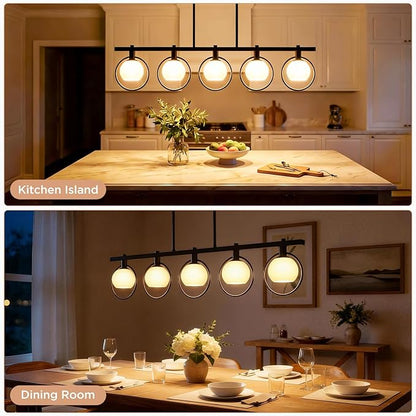 ropelux Dining Room Light Fixture, 5-Light Chandelier for Kitchen Island Over Table with E12 Socket(Bulb not Included), Black Rustic Hanging Pendant Light Fixtures with Frosted White Glass Lampshade