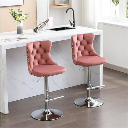Swivel Velvet Barstools Adjusatble Seat Height from 25-33 Inch, Modern Upholstered Chrome Base Bar Stools with Backs Comfortable Tufted for Home Pub and Kitchen Island（Pink,Set of 2）