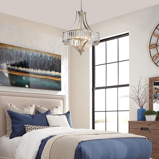 Brushed Nickel Chandeliers for Dining Room, Rustic Farmhouse Crystal Chandelier with Round Metal Shade, Modern 6-Light Large Light Fixture for Hallway, Bedroom, Foyer