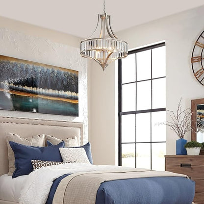 Brushed Nickel Chandeliers for Dining Room, Rustic Farmhouse Crystal Chandelier with Round Metal Shade, Modern 6-Light Large Light Fixture for Hallway, Bedroom, Foyer