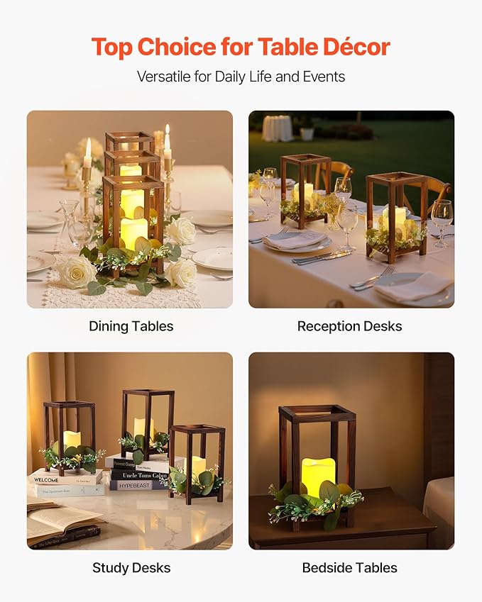 VEVOR 12 Set/36 Pcs Wooden Wedding Lantern Centerpiece, Includes 12 Wooden Lantern Candle Holder 12 Flameless LED Candle 12 Eucalyptus Leaves Wreath for Wedding Table Party Farmhouse Decor, Brown