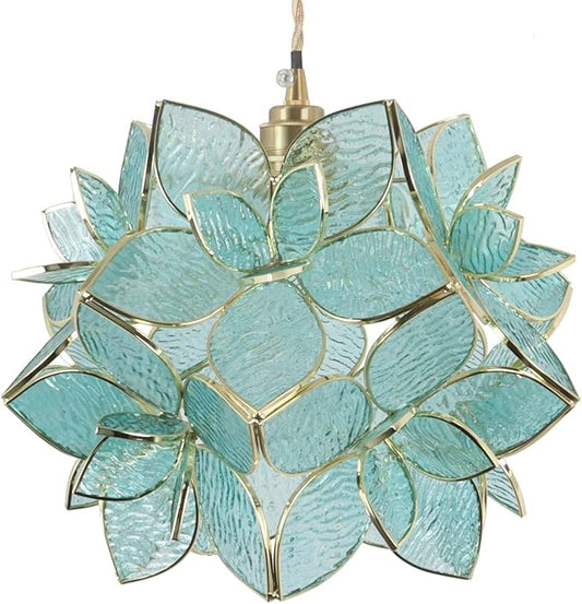 Bieye L10918 Petals Tiffany Style Stained Glass Ceiling Pendant Light for Home Decoration (Textured Aqua Blue, 12" Rose Lily)