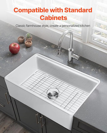 VEVOR 32x20 inch Farmhouse Sink, White Sink Workstation, Fireclay Undermount Basins, Apron Front Single Bowl Basin with Multiple Accessories, Large Capacity Household Dishwasher Sinks for Kitchen