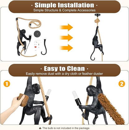 LOYALHEARTDY Vintage Resin Hemp Rope Monkey Pendant Light Fixture Monkey Chandelier Industrial Retro E26 Edison Ceiling Pendant Lamp for Dining Living Room Bedroom Bar Cafe (Black)