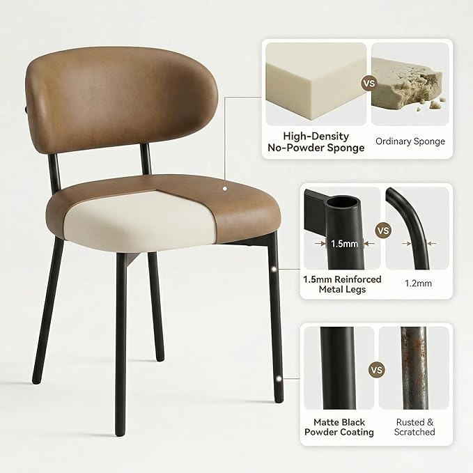 Upholstered Dining Chairs Set of 2, Modern Faux Leather Kitchen Chairs with Curved Backrest and Cushioned Seat, Sturdy Metal Legs, Comfortable Accent Chairs for Kitchen Dining Room,Living Room,Brown