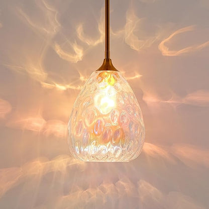 Stained Hammered Glass Pendant Light with Brass Gold Accent, Adjustable Hanging Lamp for Kitchen, Dining Room, and Living Room