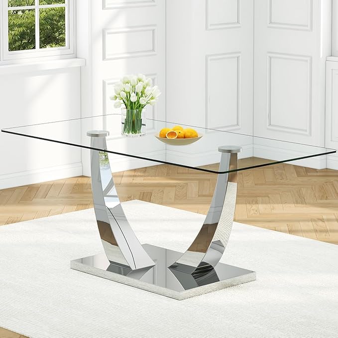 71” Glass Dining Table for 6-8, Modern Dining Room Table with 0.4” Thick Tempered Glass Top, Sturdy Silver Kitchen Table with Metal U-Shaped Legs for Kitchen Dining Room