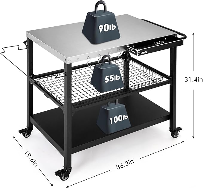 Outdoor Grill Cart,36 Inch Stainless Steel Pizza Oven Table with Lockable Wheels, Hooks & Adjustable Mesh, Metal Kitchen Cart Island, Black(36.2'' D x 19.6''W x 31.4''H)