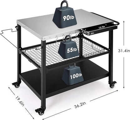 Outdoor Grill Cart,36 Inch Stainless Steel Pizza Oven Table with Lockable Wheels, Hooks & Adjustable Mesh, Metal Kitchen Cart Island, Black(36.2'' D x 19.6''W x 31.4''H)