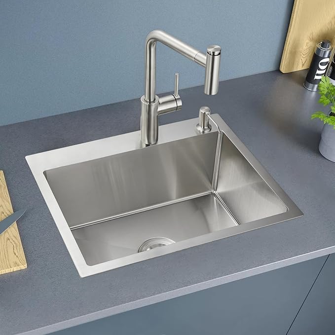 ROVOGO 20 inch Drop in Bar Sink 304 Stainless Steel, 20"x16" Wet Bar Prep Sink Single Bowl for Small Kitchen, 9" Deep Sink Top Mount with 2-Hole & Drain Assembly, Brushed