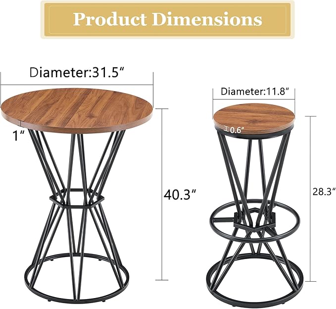Industrial 3-Piece Bar Counter Set – 31.5" Round MDF Table & 2 Rust-Resistant Metal Bar Stools with Foot Pedals | Perfect for Small Apartments, Kitchen Islands, Home Bars (Walnut+Black)
