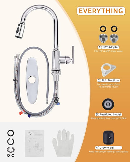WOWOW Kitchen Faucets with Pull Down Sprayer, Chrome Kitchen Faucet with Sprayer, 304 Stainless Steel High Arc Single Handle Pull Down Kitchen Faucet for Kitchen Sink Faucet