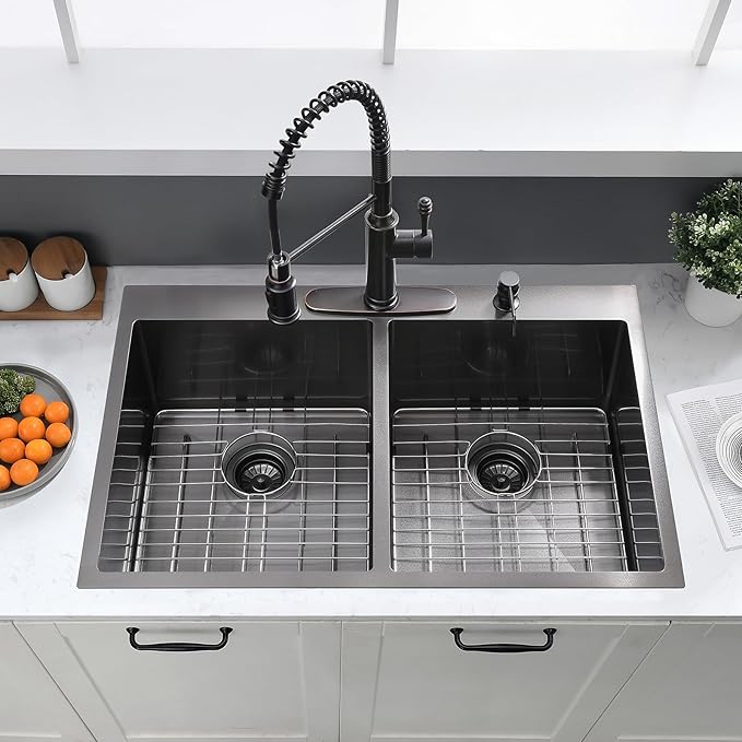 33x22 Inch Black Double Bowl Kitchen Sink Drop In - 16 Gauge Stainless Steel 50/50 Split, Top Mount Drop In Kitchen Sink Double Bowl