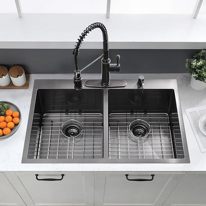33x22 Inch Black Double Bowl Kitchen Sink Drop In - 16 Gauge Stainless Steel 50/50 Split, Top Mount Drop In Kitchen Sink Double Bowl