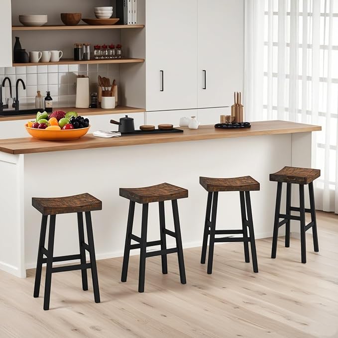 ERGOMASTER Wooden Backless Saddle Barstools Set of 4, 29-inch Bar Height Rustic Bar Stools with Rubber Wood Frame & Footrest for Kitchen Island, Dining Room, Pub