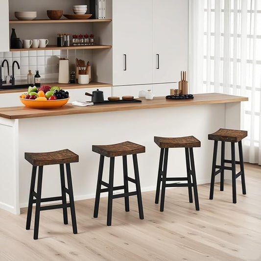 ERGOMASTER Wooden Backless Saddle Barstools Set of 4, 29-inch Bar Height Rustic Bar Stools with Rubber Wood Frame & Footrest for Kitchen Island, Dining Room, Pub