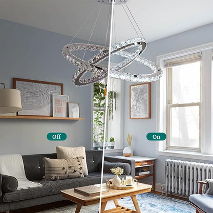 Finktonglan Dimmable Crystal Chandelier, Modern 2 Ring Oval LED Chandelier with Remote & App Control, 23.6"+20" Adjustable Pendant Light, 3 CCT 2500K/4500K/6500K, Kitchen Island Dining Room Bedroom