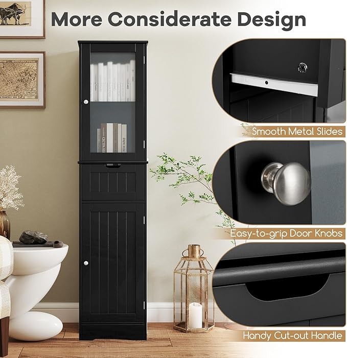 Tangkula 67" Tall Bathroom Storage Cabinet, Slim Freestanding Tower w/ 2 Doors & 1 Drawer, Narrow Floor Cabinet w/Adjustable Shelves & Tempered Glass Door for Bathroom Living Room (Black)