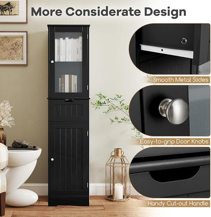 Tangkula 67" Tall Bathroom Storage Cabinet, Slim Freestanding Tower w/ 2 Doors & 1 Drawer, Narrow Floor Cabinet w/Adjustable Shelves & Tempered Glass Door for Bathroom Living Room (Black)