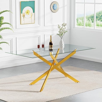 60" Rectangle Dining Table for 6 5 4 People, Modern Dining Table with Gold Chrome Metal X-Shaped Legs, Large Glass Kitchen Tables Family Dinner Tables for Home Office Living Room