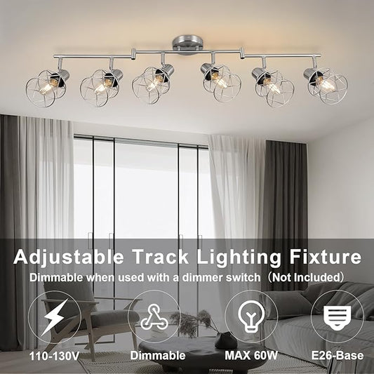 WILON Track Lighting Fixtures, 6-Light Brushed Nickel Flush Mount Track Light Ceiling, 6 Way Spot Light Kitchen Light Fixtures Directional Ceiling Spotlight for Kitchen Hallway Living Room