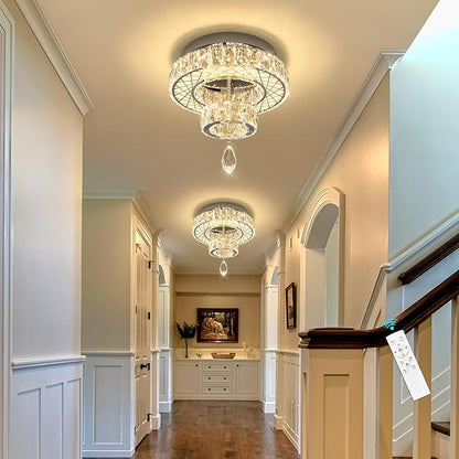 HAIXIANG Modern Glam Ceiling Chandelier Bedroom Light Fixtures Crystal Flat Sloping Ceiling Lights for Hallway Kitchen Dining Room Dimmable Light with Remote Silver