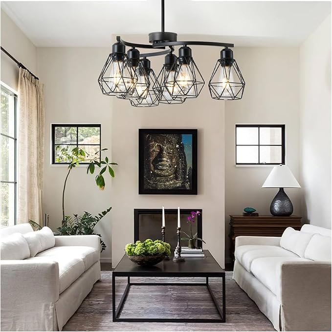 6-Light Black Chandelier,Farmhouse Chandeliers for Dining Room Light Fixtures Over Table,21.7" Industrial Hanging Pendant Lighting with Metal Cage Shade for Kitchen Island Entryway Foyer Bedroom