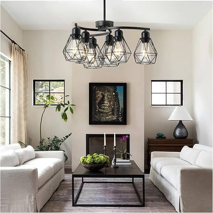 6-Light Black Chandelier,Farmhouse Chandeliers for Dining Room Light Fixtures Over Table,21.7" Industrial Hanging Pendant Lighting with Metal Cage Shade for Kitchen Island Entryway Foyer Bedroom