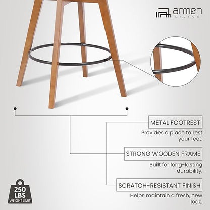 Armen Living Baylor Mid Century Modern Swivel Bar Stool for Kitchen Island Counter in Gray Faux Leather and Walnut Wood, 26" Seat Height