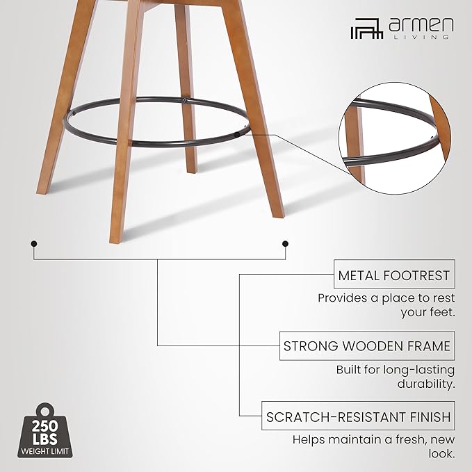 Armen Living Baylor Mid Century Modern Swivel Bar Stool for Kitchen Island Counter in Cream Faux Leather and Walnut Wood, 26" Seat Height