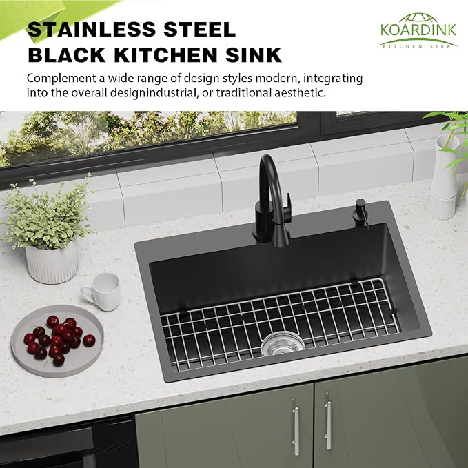 Black Kitchen Sink, 27x18 Inch Stainless Steel Drop In Modern Single Bowl Topmount Kitchen And Bar Sink Combo-SS Grid,Spoon Rest,Drain Strainer Set Compatibility With Various Kitchen&Bar Style