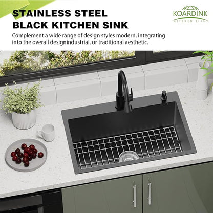 Black Kitchen Sink, 27x18 Inch Stainless Steel Drop In Modern Single Bowl Topmount Kitchen And Bar Sink Combo-SS Grid,Spoon Rest,Drain Strainer Set Compatibility With Various Kitchen&Bar Style