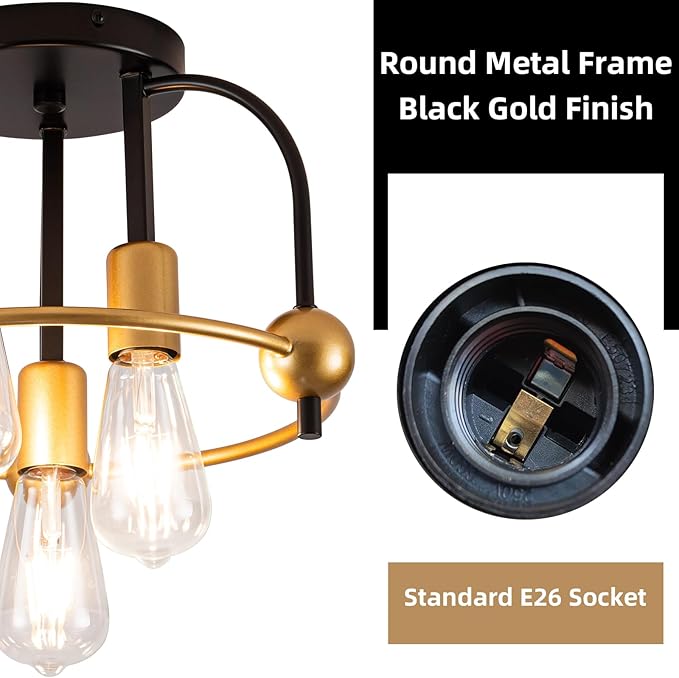 3 Light Industrial Ceiling Light Black Gold Semi Flush Mount Lights Close to Ceiling Light Fixtures,cage design Farmhouse Ceiling Lighting for Kitchen Bedroom Bathroom Foyer Hallway (E26, 1Pack)