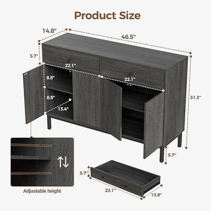 Mericonia Farmhouse Buffet Sideboard Cabinet with Storage, Fluted Coffee Bar with Doors and Adjustable Shelves, Modern Wood Console Cabinet with Drawers (4 Door, Grey 2 Drawer)