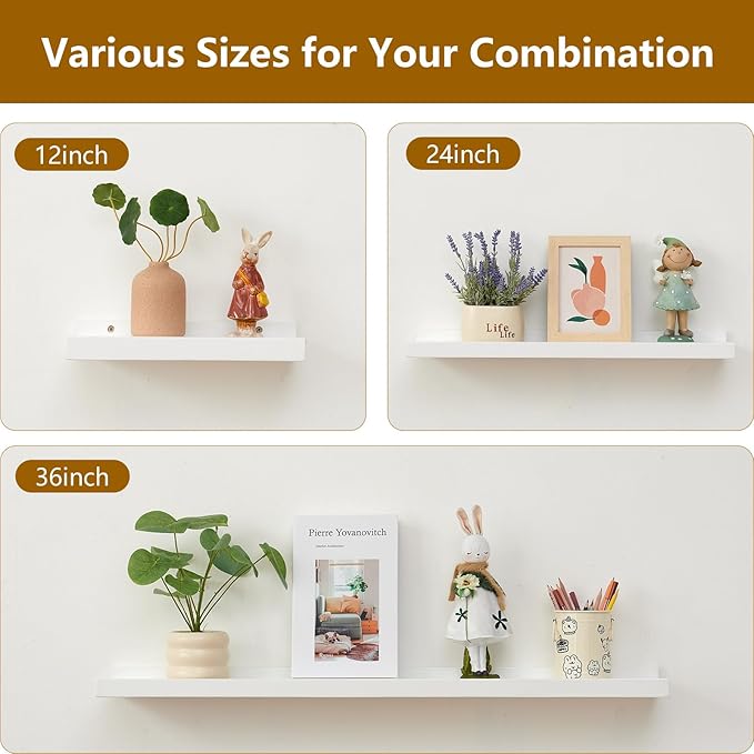 Oak Floating Shelves White for Wall 12 Inch (Upgrade Width 6"), Natural Wood Wall Shelves Display Picture Ledge Shelf for Living Room Bedroom Bathroom Kitchen Office Decor and Storage