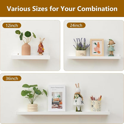 Oak Floating Shelves White for Wall 12 Inch (Upgrade Width 6"), Natural Wood Wall Shelves Display Picture Ledge Shelf for Living Room Bedroom Bathroom Kitchen Office Decor and Storage