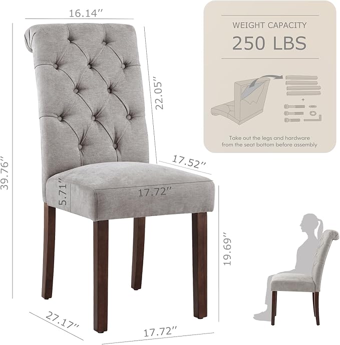 Tufted Dining Chairs Set of 4, Upholstered Parsons Dining Room Chairs, Fabric Kitchen Side Chair with Wood Legs, Light Grey