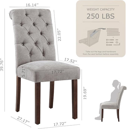 Tufted Dining Chairs Set of 2, Upholstered Parsons Dining Room Chairs, Fabric Kitchen Side Chair with Wood Legs, Light Grey