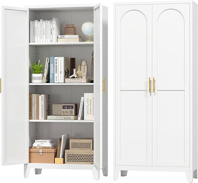 Zevemomo 61" H Metal Kitchen Pantry Cabinet, Freestanding Cupboard with 2 Doors and 3 Adjustable Shelves, Tall Metal Storage Cabinet for Kitchen, Bathroom, Dinning Room or Laundry Room （White）