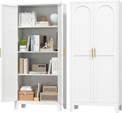 Zevemomo 61" H Metal Kitchen Pantry Cabinet, Freestanding Cupboard with 2 Doors and 3 Adjustable Shelves, Tall Metal Storage Cabinet for Kitchen, Bathroom, Dinning Room or Laundry Room （White）